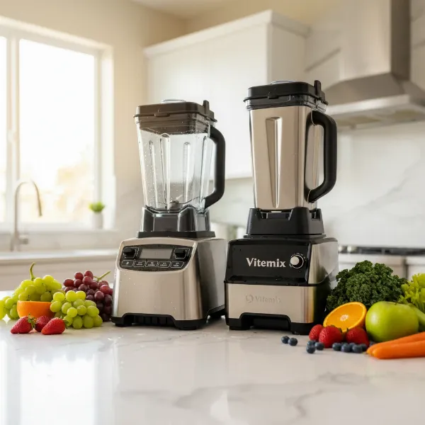 A Blendtec blender and a Vitamix blender side-by-side on a kitchen counter, ready for a blending competition. Bright and modern kitchen setting.