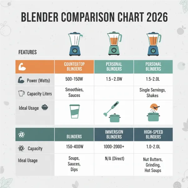 A detailed comparison chart showcasing various types of blenders with their features and benefits for 2026.