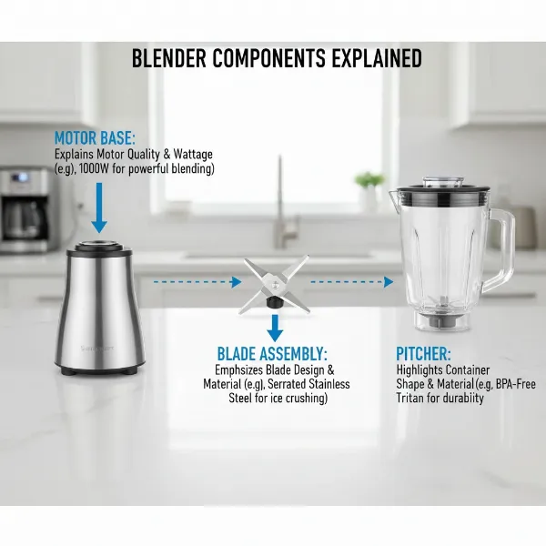 An exploded view of a blender highlighting key components like motor, blades, and jar, with labels indicating their contribution to performance.
