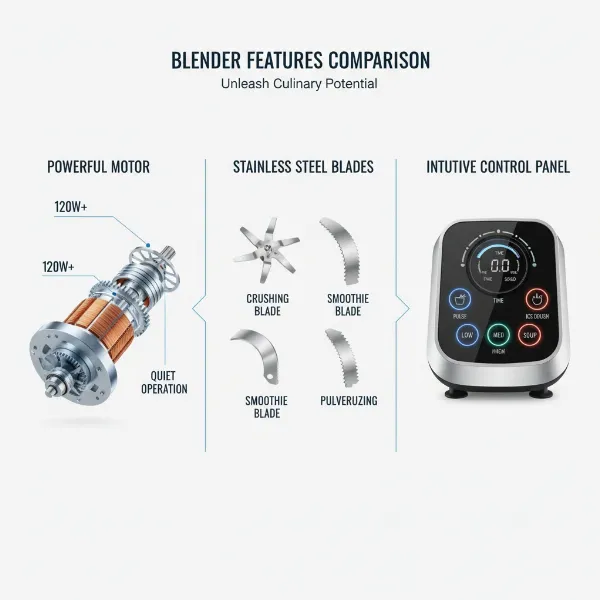 A side-by-side comparison of different blender features like motor power, blade types, and control panels for informed buying decisions.