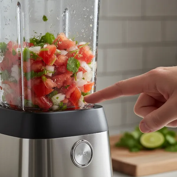 A person using the pulse function on a blender to chop vegetables for salsa, showing distinct chunks of ingredients.