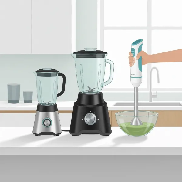 Illustration of various blender types including personal, countertop, and immersion blenders.
