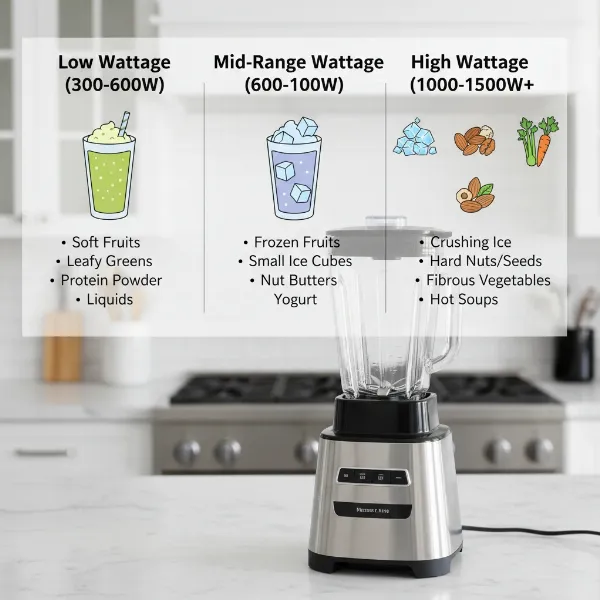 A chart illustrating different blender wattage ranges and their suitable blending tasks with icons for smoothies, ice crushing, and nut butter, in a modern kitchen setting.