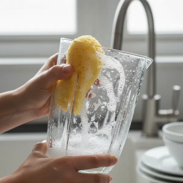 Hands cleaning a glass blender pitcher with soap and water, demonstrating proper maintenance for extended longevity.