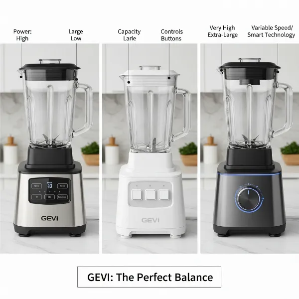 A side-by-side comparison of a Gevi Professional Countertop Blender with two generic blenders, highlighting differences in motor power, pitcher capacity, and control panels.