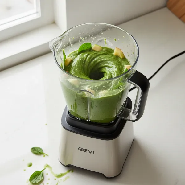 A Gevi Professional Countertop Blender effortlessly blending a vibrant green smoothie with fresh fruits and vegetables, showcasing power and smooth results.