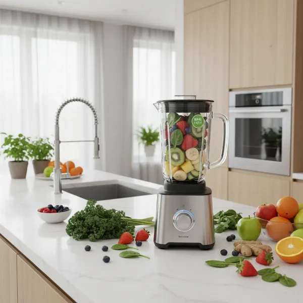 A sleek glass blender pitcher next to fresh fruits and vegetables, emphasizing health benefits and BPA-free. 