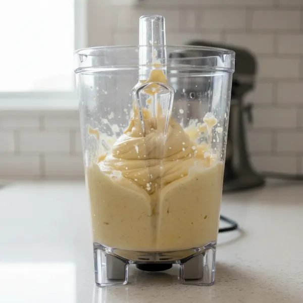 A high-speed blender expertly blending frozen bananas into creamy nice cream, with a tamper assisting