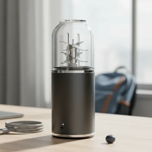 A Hotsch portable blender displaying its compact size, USB-C charging port, and six-blade system, perfect for an on-the-go lifestyle.