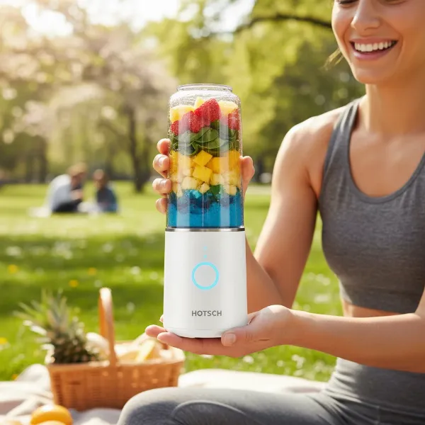 A person using the Hotsch portable blender to make a smoothie in a park, emphasizing its convenience for outdoor and travel use.
