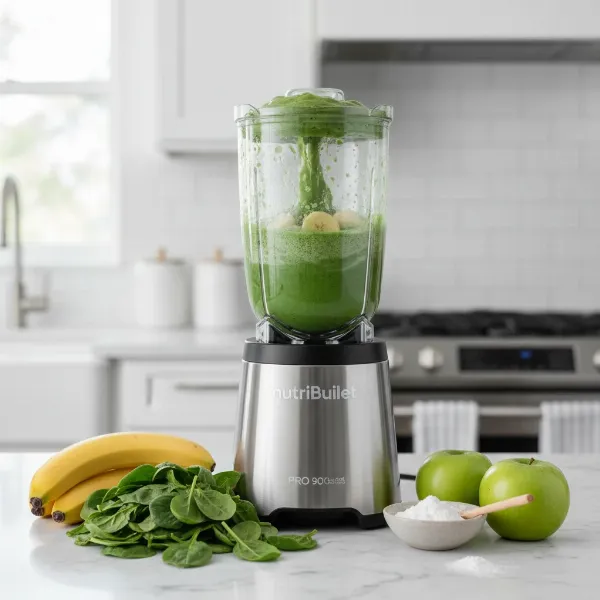 A NutriBullet Pro 900 blender effortlessly making a vibrant green smoothie with fresh ingredients.