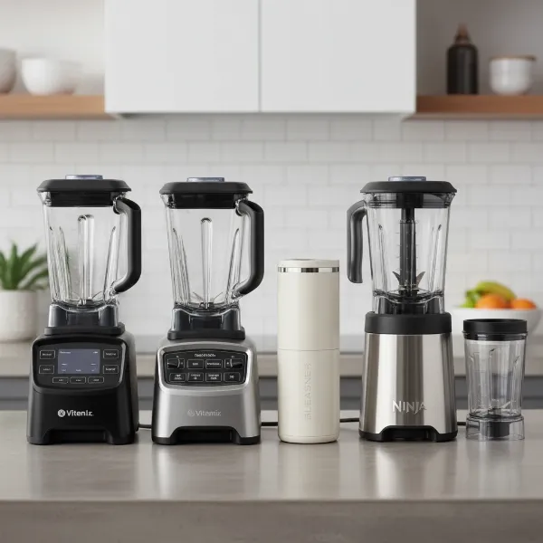 A stylish lineup of various premium blenders from top brands like Vitamix, Blendtec, Beast, and Ninja, emphasizing their sleek designs and quality.
