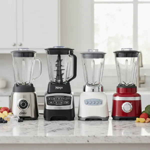 An array of top-rated glass blenders, showcasing different brands and designs, arranged for comparison and visual appeal.