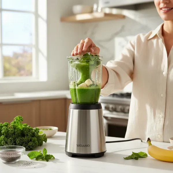 A person making a vibrant green smoothie in a Yabano Personal Blender in a modern kitchen.